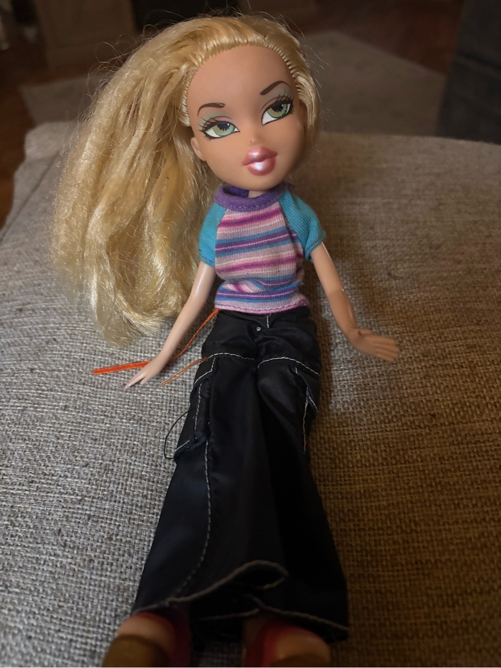 Blonde Fashion Doll with Blue Trim Striped Top